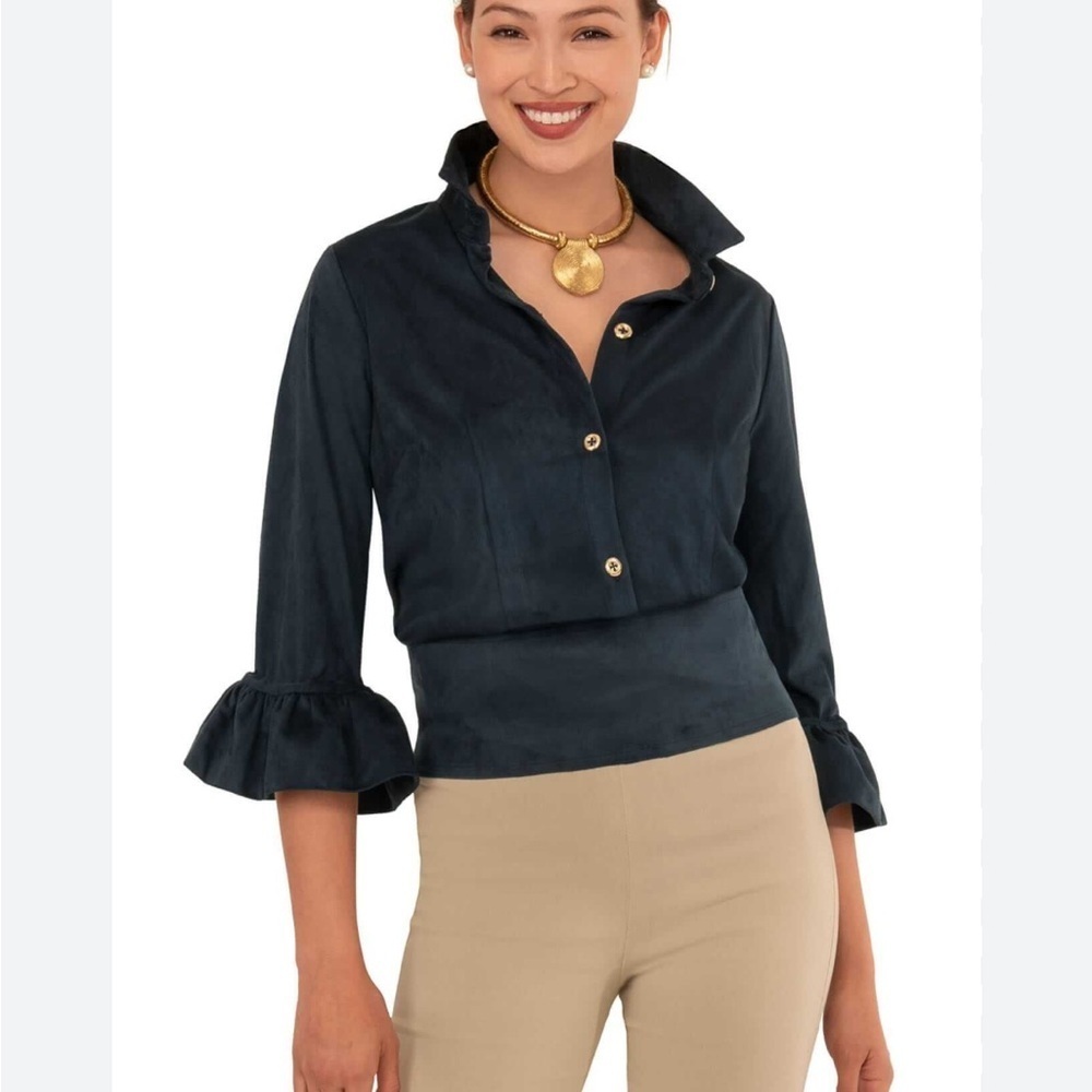 GRETCHEN SCOTT Priss Chiffon Blouse Preppy Ruffles Navy Blue Top Sz XS